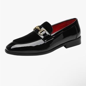 Elegant Black Patent Loafers with Gold Buckle